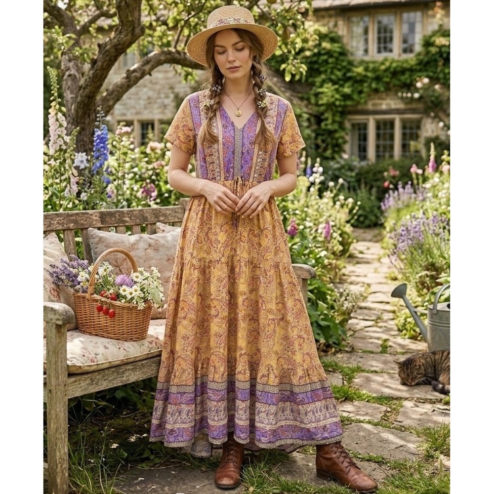R.Vivimos Paisley Maxi Dress Women Large Yellow Purple Tiered Cottagecore Boho